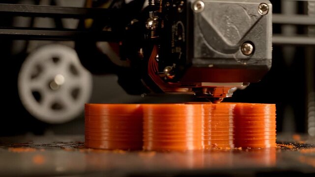 3D Printer Creating Orange Cylindrical Object.
