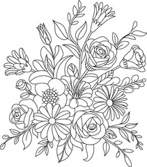 Black and white floral bouquet with roses and leaves line