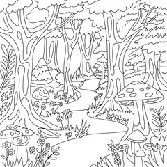 Black and white forest scene with mushrooms and flowers