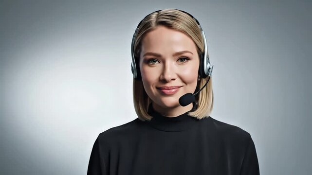 Portrait of a smiling young woman wearing a headset with a microphone against a gray gradient background.