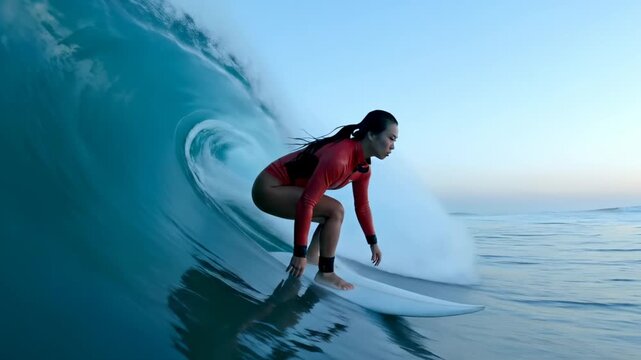 Woman surfer rides inside barrel wave with surfboard in ocean. Surfer in wetsuit navigates tube wave on board. Woman surfing barrel catches wave in ocean. Athlete surfs inside water tube curl.
