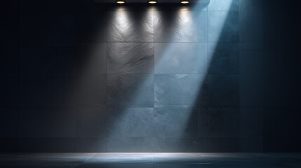 A modern dark wall with lighting and space for text. A minimalist contemporary interior with a dark textured wall illuminated by overhead spotlights and a soft diagonal beam of light