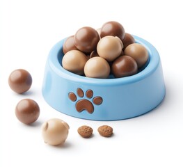 Dog food treats in a blue bowl with paw print isolated on white background