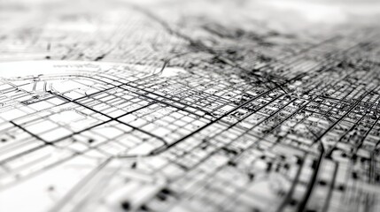 Detailed city map with grid layout and bokeh effect, black and white urban planning concept