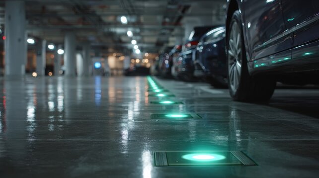 Modern underground parking garage with green floor lights indicating available parking spaces