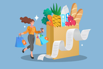 Happy woman walking with shopping bags next to giant grocery paper bag full of fresh food and long receipt bill. Supermarket inflation, healthy lifestyle, and daily expense concept.