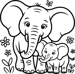 Cartoon Elephant Family with Flowers in Black and White