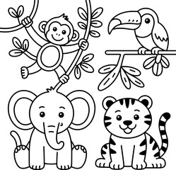 Cartoon animals monkey elephant tiger bird on branches