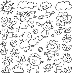 Children playing with bubbles and flowers in black and white