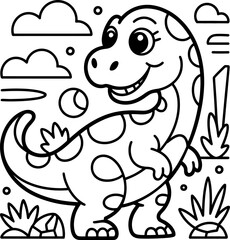 Cute smiling hippo with clouds and plants in black and white line