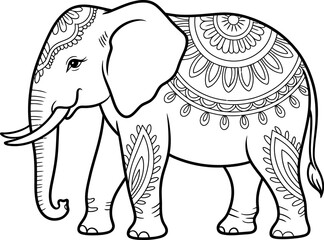 Decorated Elephant with Intricate Patterns black and white