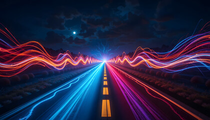 Vibrant Night Road with Colorful Light Trails and Fantasy Sky