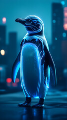 Neon Penguin in Cityscape