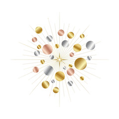 Abstract Metallic Burst with Gold, Silver, and Rose Gold Spheres.