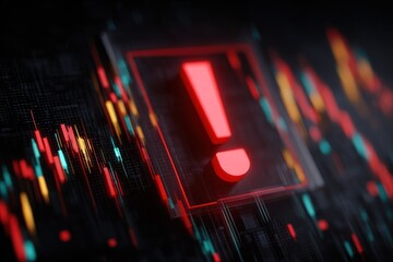 Dramatic red exclamation mark on data background illustrating alert