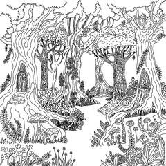 Intricate black and white forest scene with mushrooms and trees