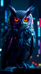 Mysterious Owl in Neon Cityscape