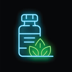 Obraz premium Glowing neon line medical pills bottle with leaves icon isolated on a black background vector illustration