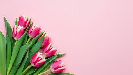 Fototapeta premium Bright pink tulips on a soft pink background
