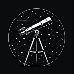 Telescope on a tripod observing the starry night sky.