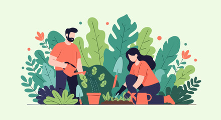 Fototapeta premium Couple Gardening Together Planting Flowers and Watering Plants in Garden.