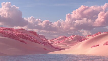 Dreamlike landscape with soft pink clouds and hills under a serene blue sky