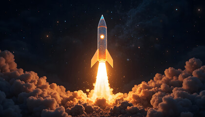 Retro Rocket Launching Into Space with Colorful Clouds and Stars