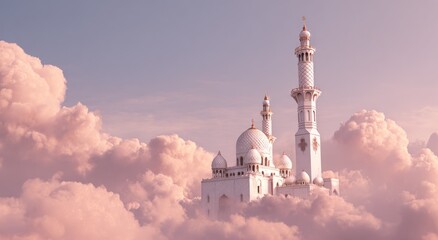 Dreamlike mosque amidst fluffy clouds a serene and heavenly perspective