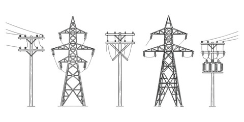 Electricity transmission towers and poles vector set