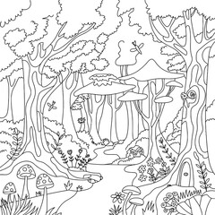 Whimsical forest scene with mushrooms and creatures in black and white