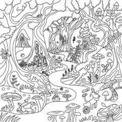 Whimsical black and white forest scene with fairy houses and mushrooms
