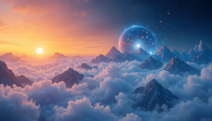 Majestic Sunrise Over Mystical Mountains in Dreamy Cloudscape