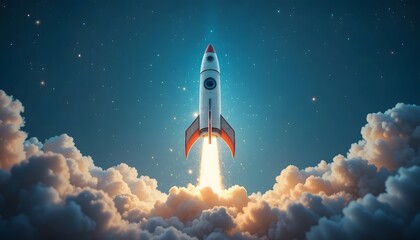 Futuristic Rocket Launching Into Space Above Colorful Clouds