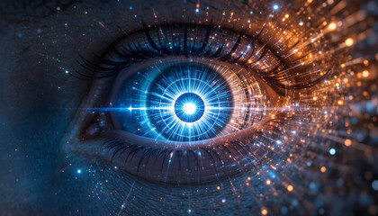 Abstract close-up of human eye with digital light effects and sparks