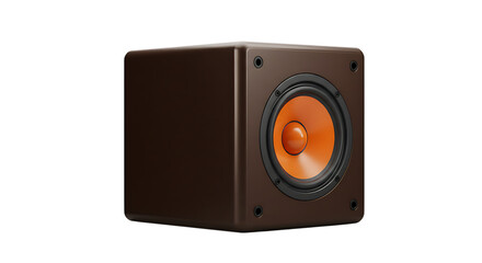 Fototapeta premium 3d icon of brown cube subwoofer with orange cone speaker isolated on transparent background