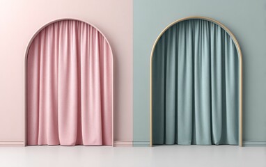 Elegant arched doorways with curtains in pastel shades for creative design
