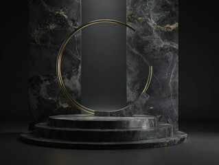 Elegant abstract composition featuring gold ring and marble podium