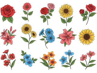 Vibrant collection of hand-drawn flowers