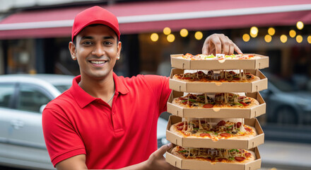 Happy Pizza Delivery Man with Stack of Fresh Pizzas