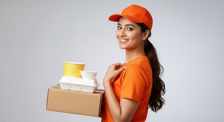 Smiling Indian Delivery Woman with Food Containers