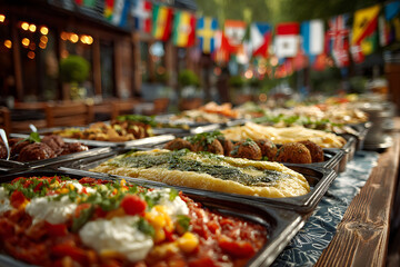 Obraz premium Stunning photo of delicious food from around the world served buffet style on a table outdoors with international flags hanging in the background.