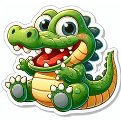 Cute baby alligator or crocodile character sitting with open mouth showing teeth in playful green and yellow sticker design