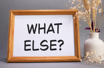 What else symbol. Concept words What else on beautiful wooden picture frame. Beautiful grey background with flower vase. Business and What else concept. Copy space.