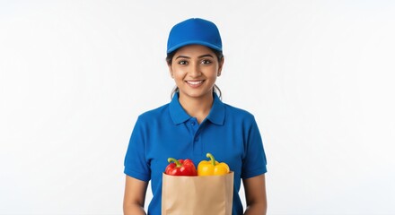 Smiling Indian delivery woman holds fresh bell peppers in bag