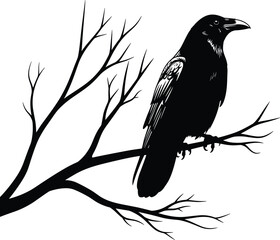 Obraz premium Black raven silhouette perched on bare tree branch, minimalist monochrome vector illustration for gothic nature wildlife logo tattoo design