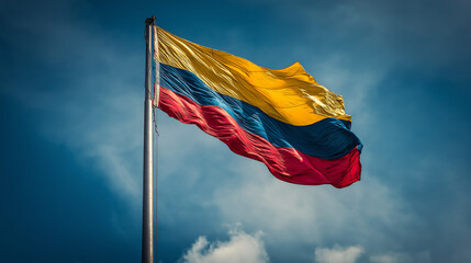 Colombia National Flag Waving in the Wind Against Blue Sky with Clouds, Symbol of South American Identity, Patriotism, Freedom and National Pride