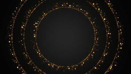 Fototapeta premium abstract gold circles frame with golden glitter shiny stars and bokeh lights and particle ,dark luxury holiday christmas and new year social media background