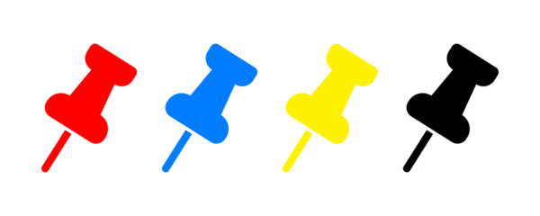 Three Colorful Pushpins Icon Set in Red Blue and Yellow on Transparent Background - Office Stationery Clip Art