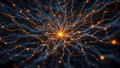 Abstract Network of Bright Particles and Glowing Threads in Space