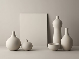 five ceramic vases of different shapes and sizes. They stand on a gray surface against a gray wall.